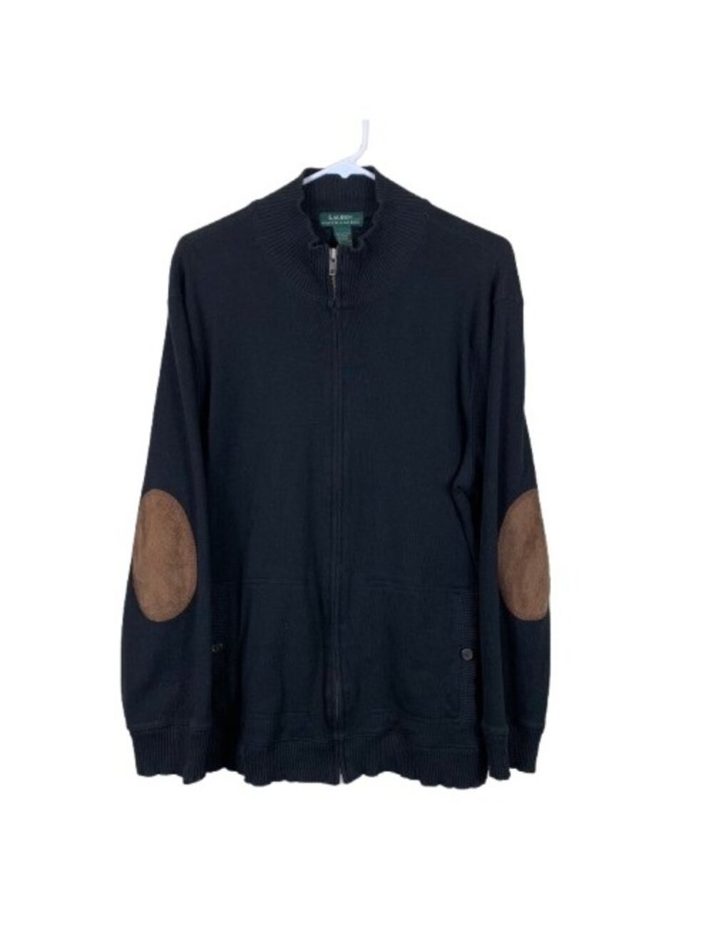 VTG Y2K Lauren Ralph Lauren Cardigan L Black Cotton Zip Leather Elbow Patch - Picture 2 of 8
